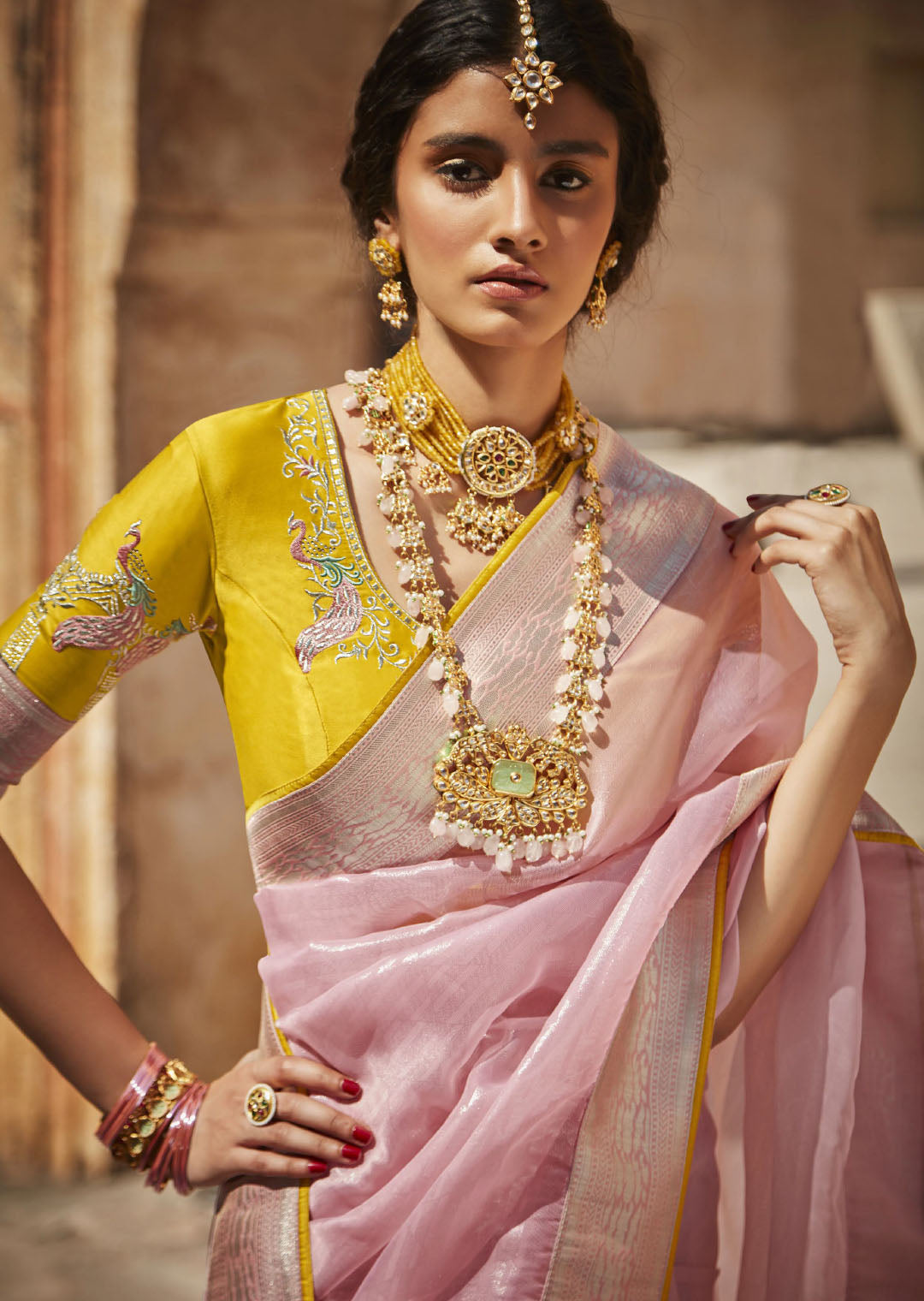 Mustard Yellow Jacquard Silk Designer Saree With Heavy Blouse